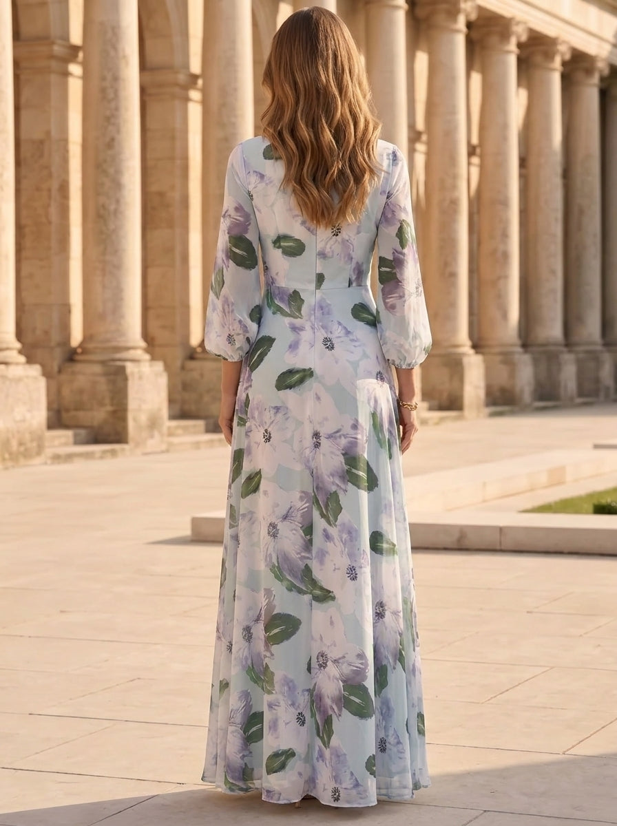 A-Line/Princess Scoop Chiffon Mother of the Bride Dresses with Split Side 3/4 Sleeves Floral Ankle-Length