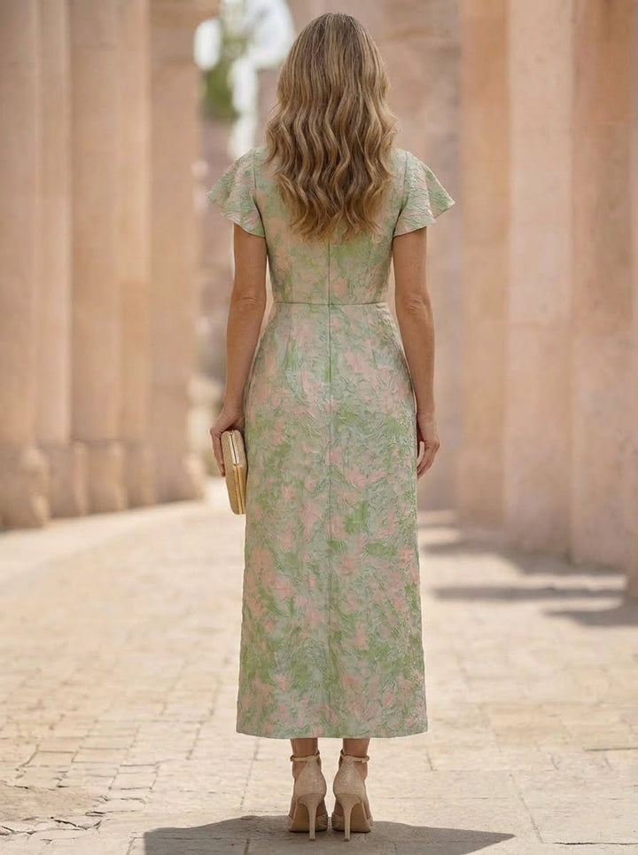 Sheath/Column Scoop Jacquard Mother of the Bride Dresses Ankle-Length Puff Sleeves Ruffles