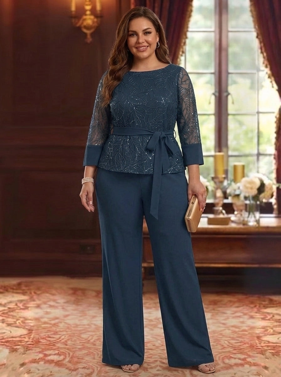 2 Pieces Boat Neck Chiffon Plus Size Mother of the Bride Pantsuits 3/4 Sleeves Floor-Length Belt Lace Sequin