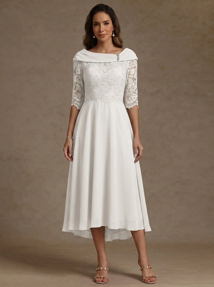 A-Line/Princess Boat Neck Chiffon Mother of the Bride Dresses Half Sleeves Lace High-Low Tea-Length