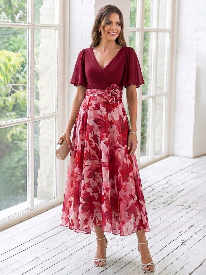 A-Line/Princess V-Neck Chiffon Mother of the Bride Dresses with 3D Flower Tea-Length Floral Short Sleeves