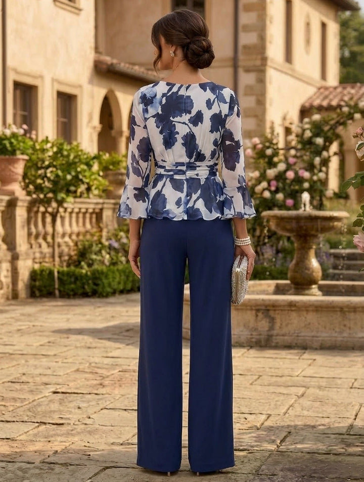 2 Pieces Scoop Chiffon Mother of the Bride Pantsuits Floor-Length Floral 3/4 Sleeves