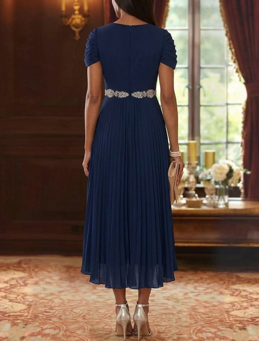 A-Line/Princess V-Neck Chiffon Mother of the Bride Dresses Tea-Length Short Sleeves Sash Pleated