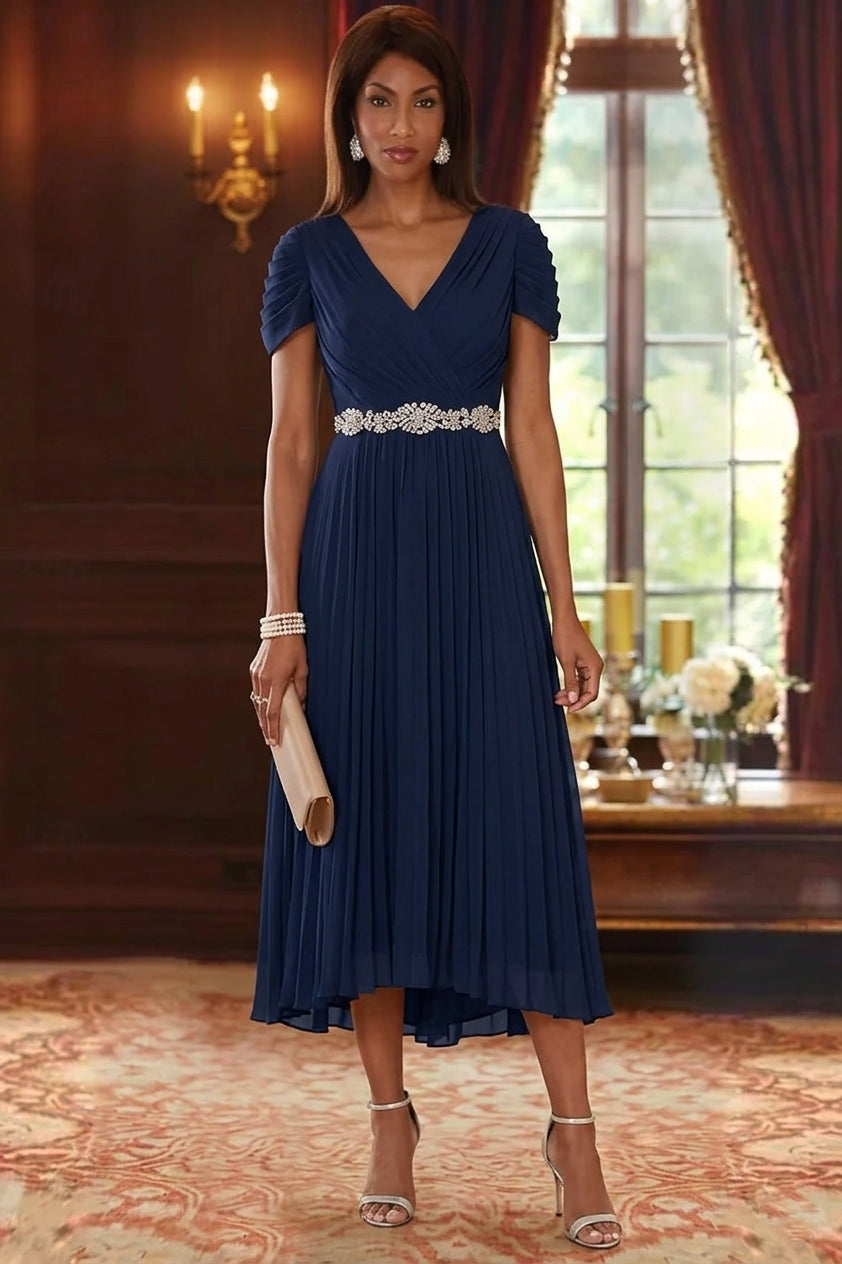 A-Line/Princess V-Neck Chiffon Mother of the Bride Dresses Tea-Length Short Sleeves Sash Pleated