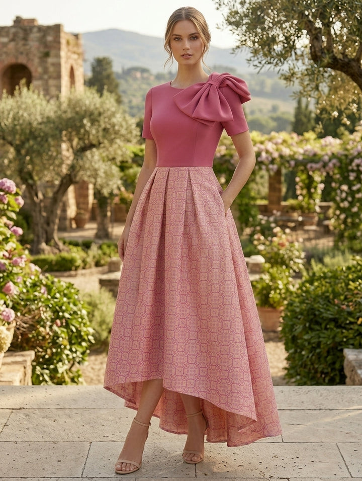 A-Line/Princess Scoop Printed Satin Mother of the Bride Dresses with Bowknot Asymmetrical Ankle-Length Short Sleeves