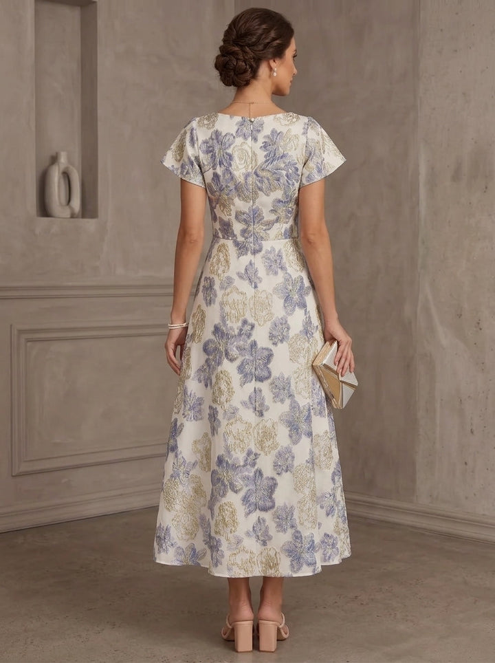A-Line/Princess Scoop Jacquard Mother of the Bride Dresses Floral Short Sleeves Tea-Length
