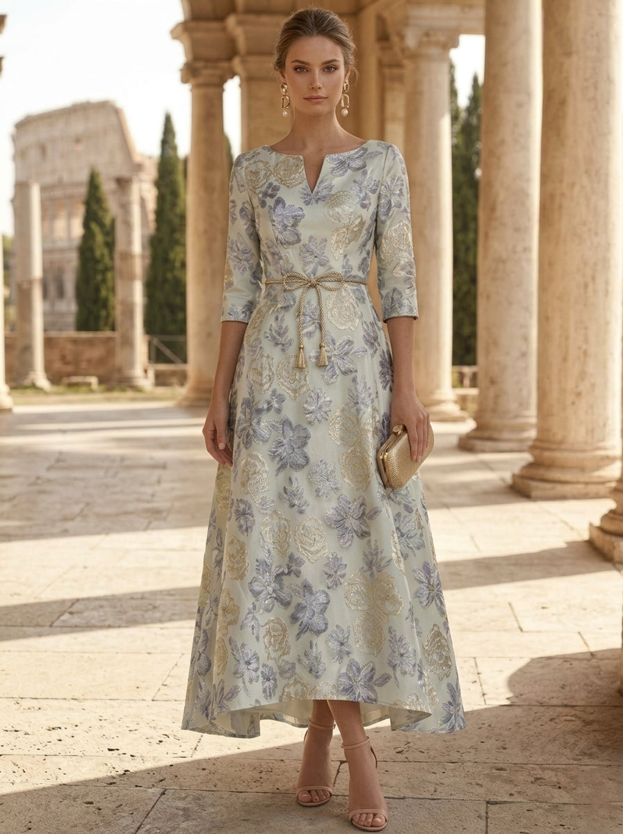 A-Line/Princess V-Neck Jacquard Mother of the Bride Dresses Floral 3/4 Sleeves Asymmetrical Tea-Length Belt