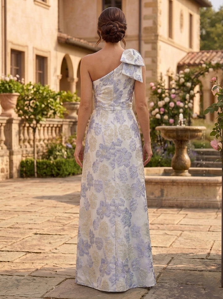 A-Line/Princess One-Shoulder Jacquard Mother of the Bride Dresses with Split Side Floral Bowknot Sleeveless Floor-Length