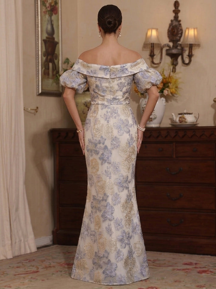 Trumpet/Mermaid Off-the-Shoulder Jacquard Mother of the Bride Dresses Floral Puff Sleeves Floor-Length