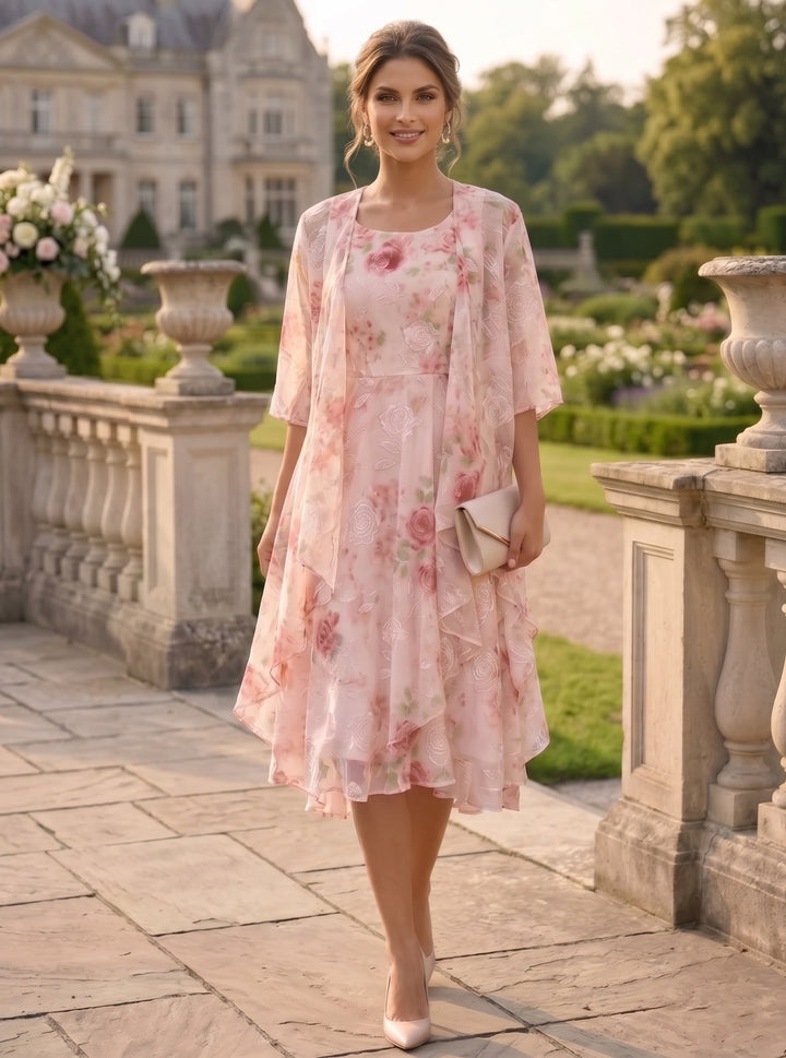 2 Pieces A-Line/Princess Scoop Chiffon Mother of the Bride Dresses with Wrap Floral Half Sleeves Tea-Length