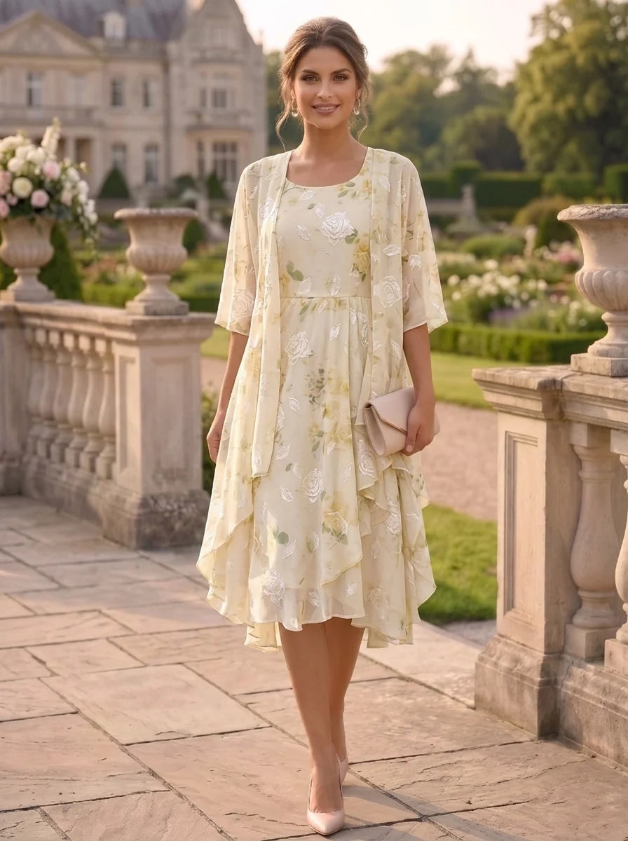 2 Pieces A-Line/Princess Scoop Chiffon Mother of the Bride Dresses with Wrap Floral Half Sleeves Tea-Length