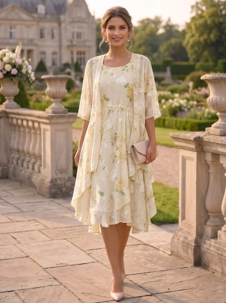 2 Pieces A-Line/Princess Scoop Chiffon Mother of the Bride Dresses with Wrap Floral Half Sleeves Tea-Length