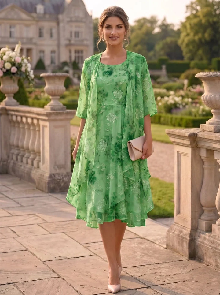 2 Pieces A-Line/Princess Scoop Chiffon Mother of the Bride Dresses with Wrap Floral Half Sleeves Tea-Length