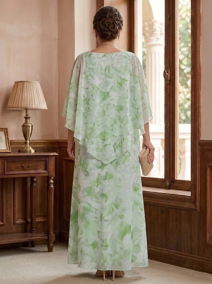 Sheath/Column Scoop Chiffon Plus Size Mother of the Bride Dresses Floral Ankle-Length Cape Sleeves