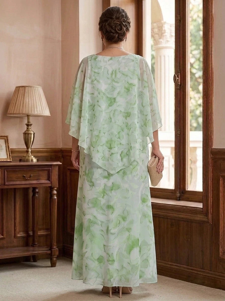 Sheath/Column Scoop Chiffon Plus Size Mother of the Bride Dresses Floral Ankle-Length Cape Sleeves