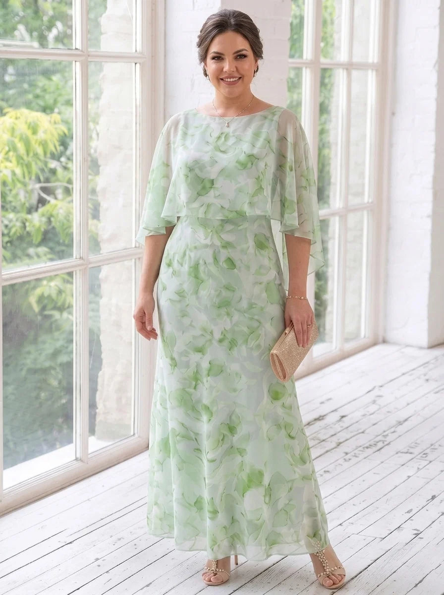 Sheath/Column Scoop Chiffon Plus Size Mother of the Bride Dresses Floral Ankle-Length Cape Sleeves