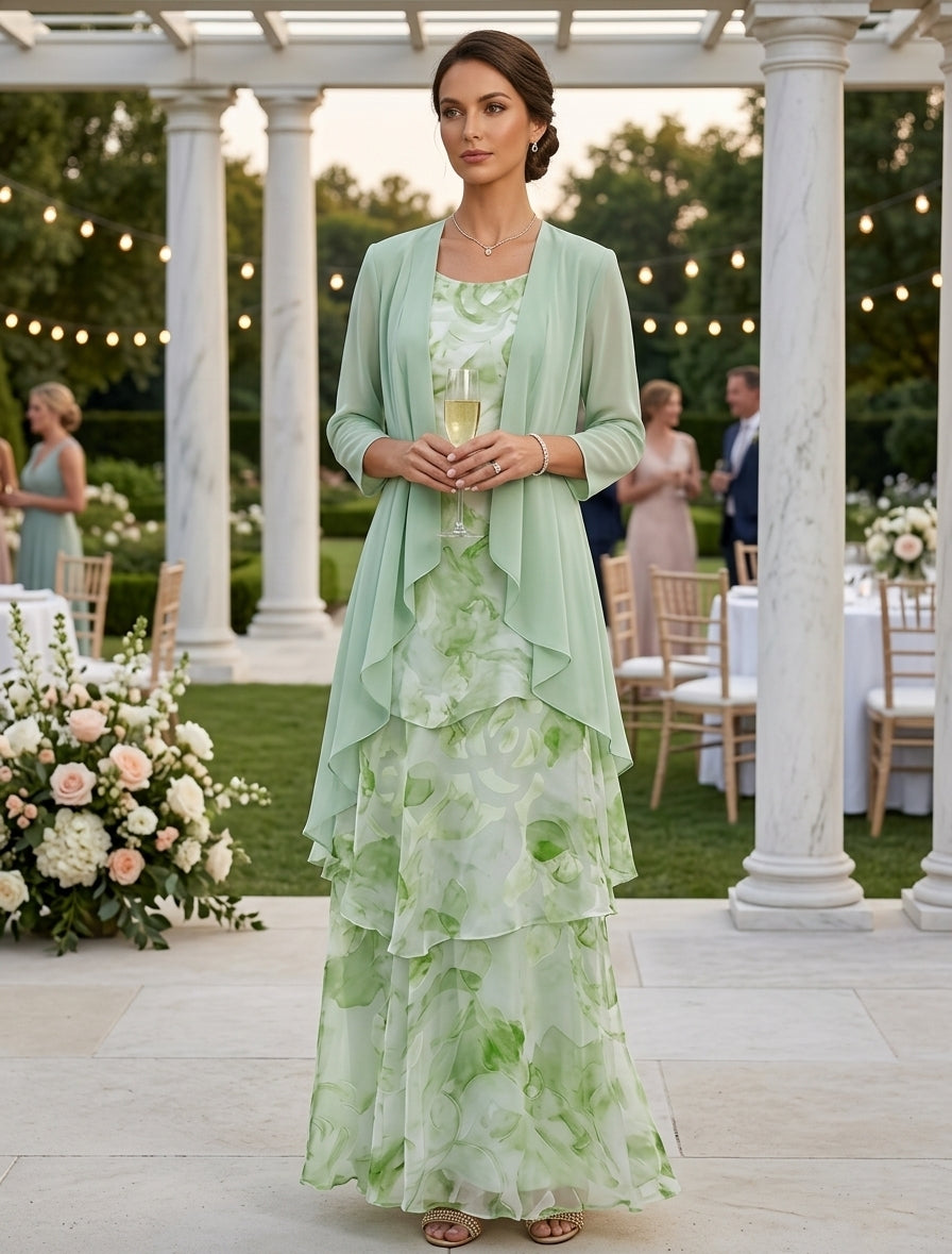 A-Line/Princess Scoop Chiffon Mother of the Bride Dresses with Jacket Floral Ankle-Length 3/4 Sleeves