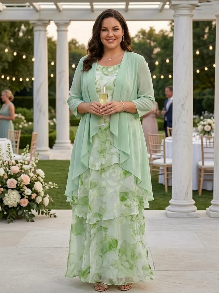 A-Line/Princess Scoop Chiffon Plus Size Mother of the Bride Dresses with Jacket Floral Ankle-Length 3/4 Sleeves