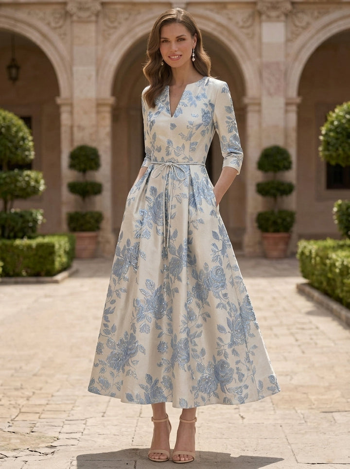 A-Line/Princess V-Neck Jacquard Mother of the Bride Dresses 3/4 Sleeves Tea-Length Floral