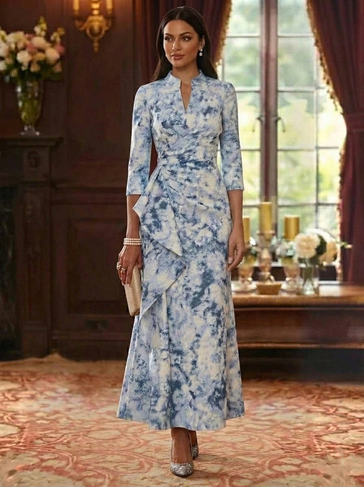 Sheath/Column V-Neck Jacquard Mother of the Bride Dresses Ankle-Length Floral 3/4 Sleeves Ruffles
