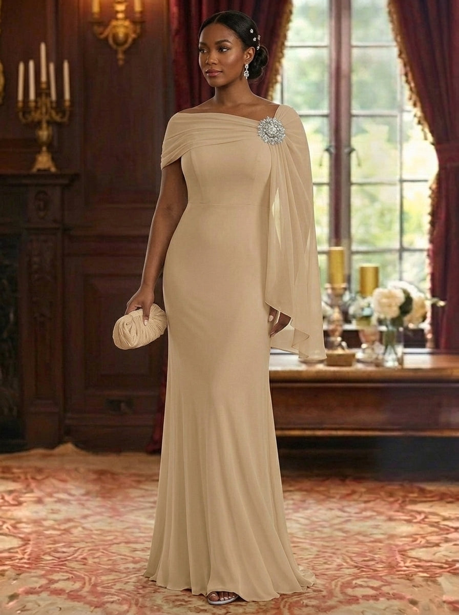 Sheath/Column Asymmetrical Neck Chiffon Mother of the Bride Dresses Cape Sleeve Rhinestone Floor-Length Ruched