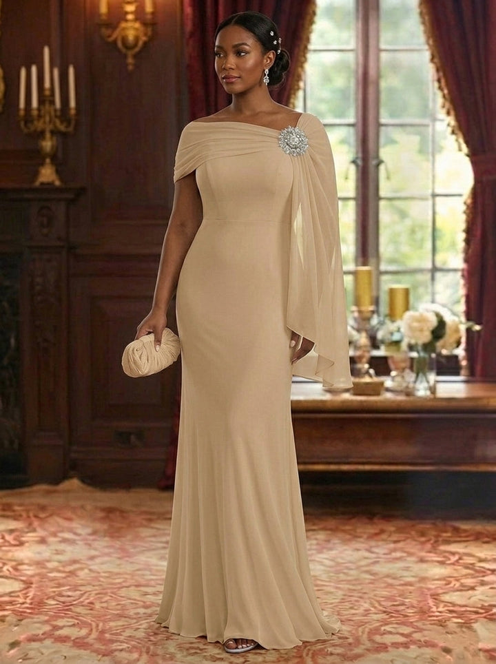 Sheath/Column Asymmetrical Neck Chiffon Mother of the Bride Dresses Cape Sleeve Rhinestone Floor-Length Ruched