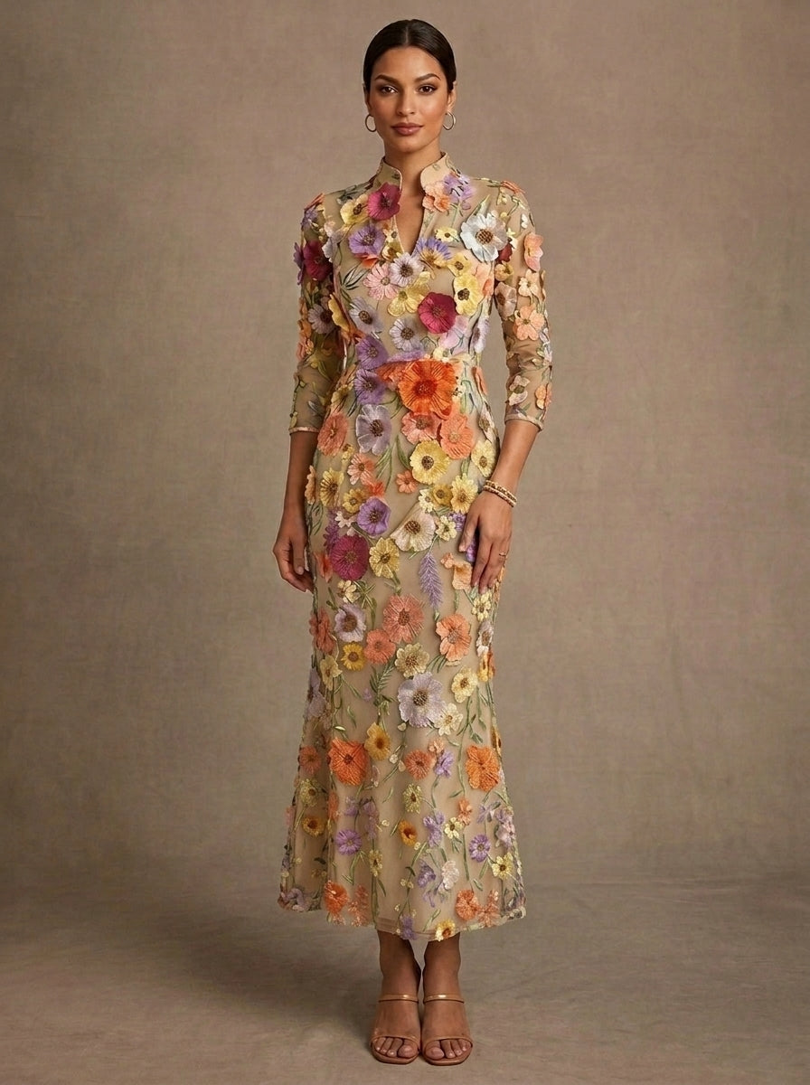 Sheath/Column V-Neck Mother of the Bride Dresses Lace Embroidery Floral 3/4 Sleeves Tea-Length