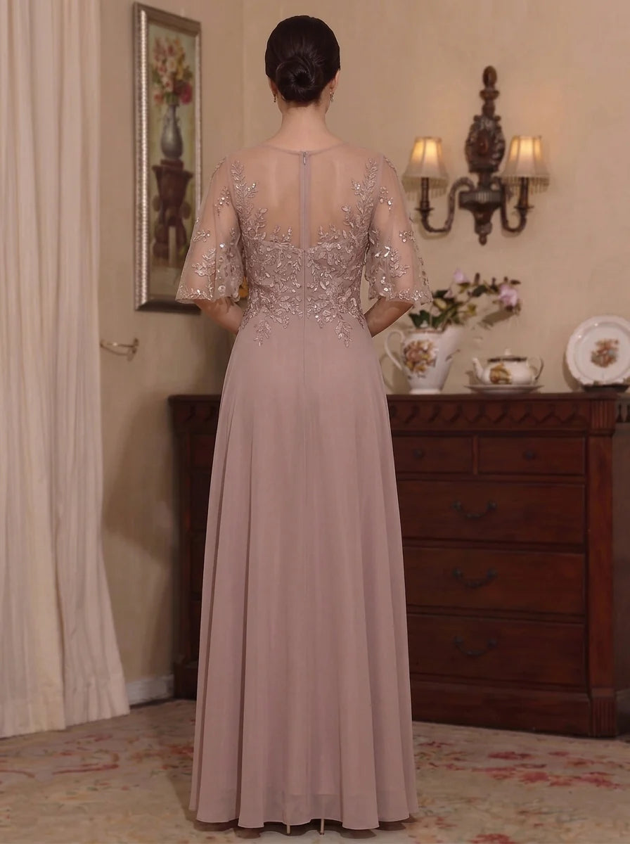 A-Line/Princess Scoop Chiffon Mother of the Bride Dresses Lace Floral Floor-Length Half Sleeves