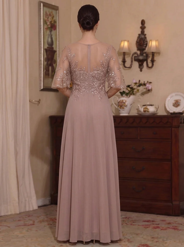 A-Line/Princess Scoop Chiffon Mother of the Bride Dresses Lace Floral Floor-Length Half Sleeves