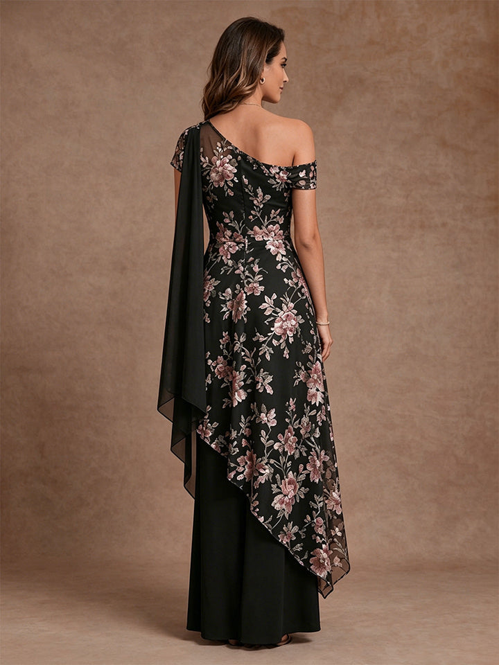 Sheath/Column Asymmetrical Neck Mother of the Bride Dresses Floral Short Sleeves Ruffles Floor-Length
