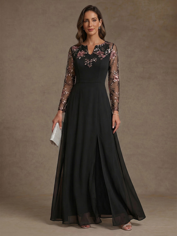 A-Line/Princess V-Neck Chiffon Mother of the Bride Dresses Floral Long Sleeves Ankle-Length