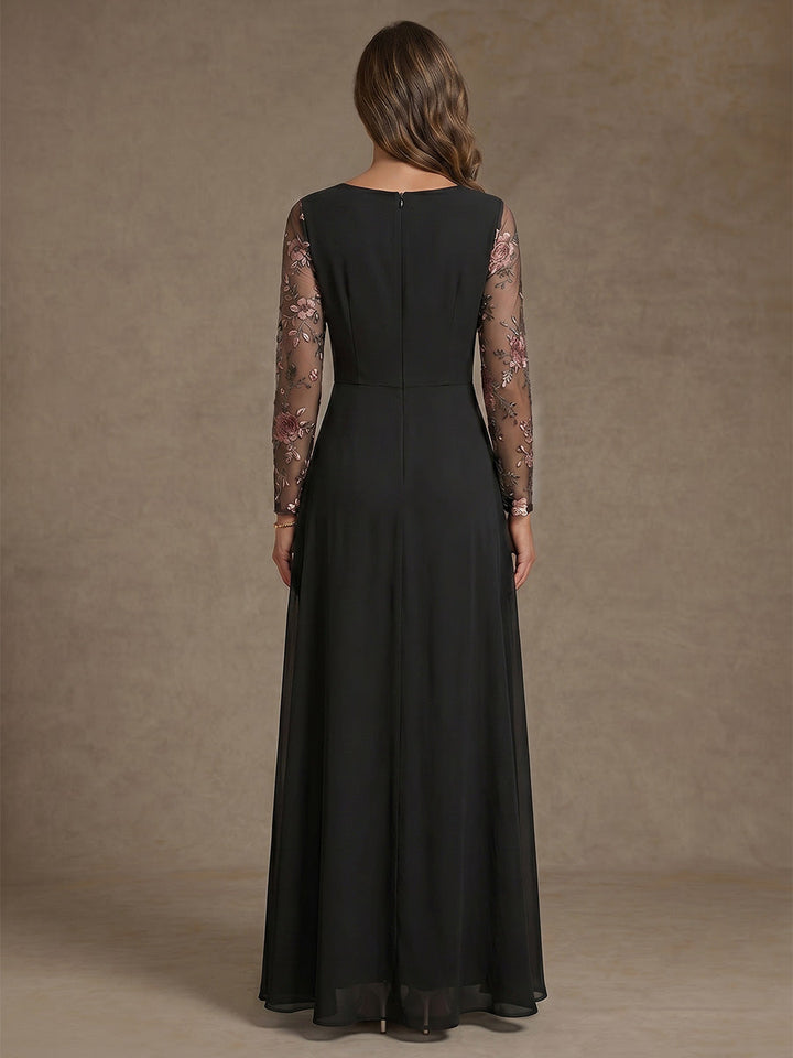 A-Line/Princess V-Neck Chiffon Mother of the Bride Dresses Floral Long Sleeves Ankle-Length