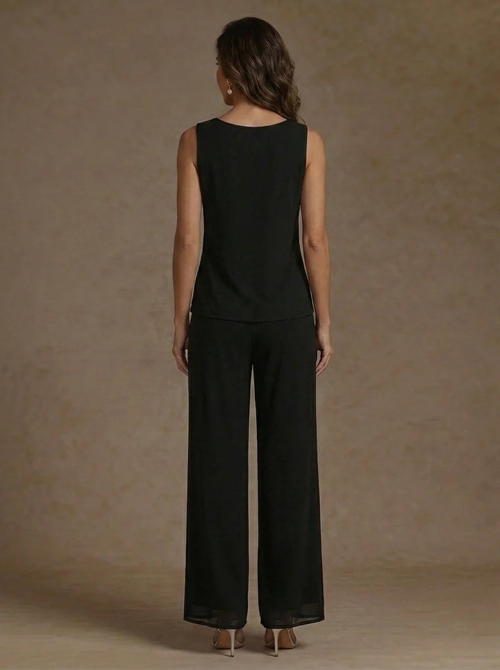 3 Pieces Suit Scoop Chiffon Mother of the Bride Pantsuits with Jacket Floral 3/4 Sleeves Ankle-Length
