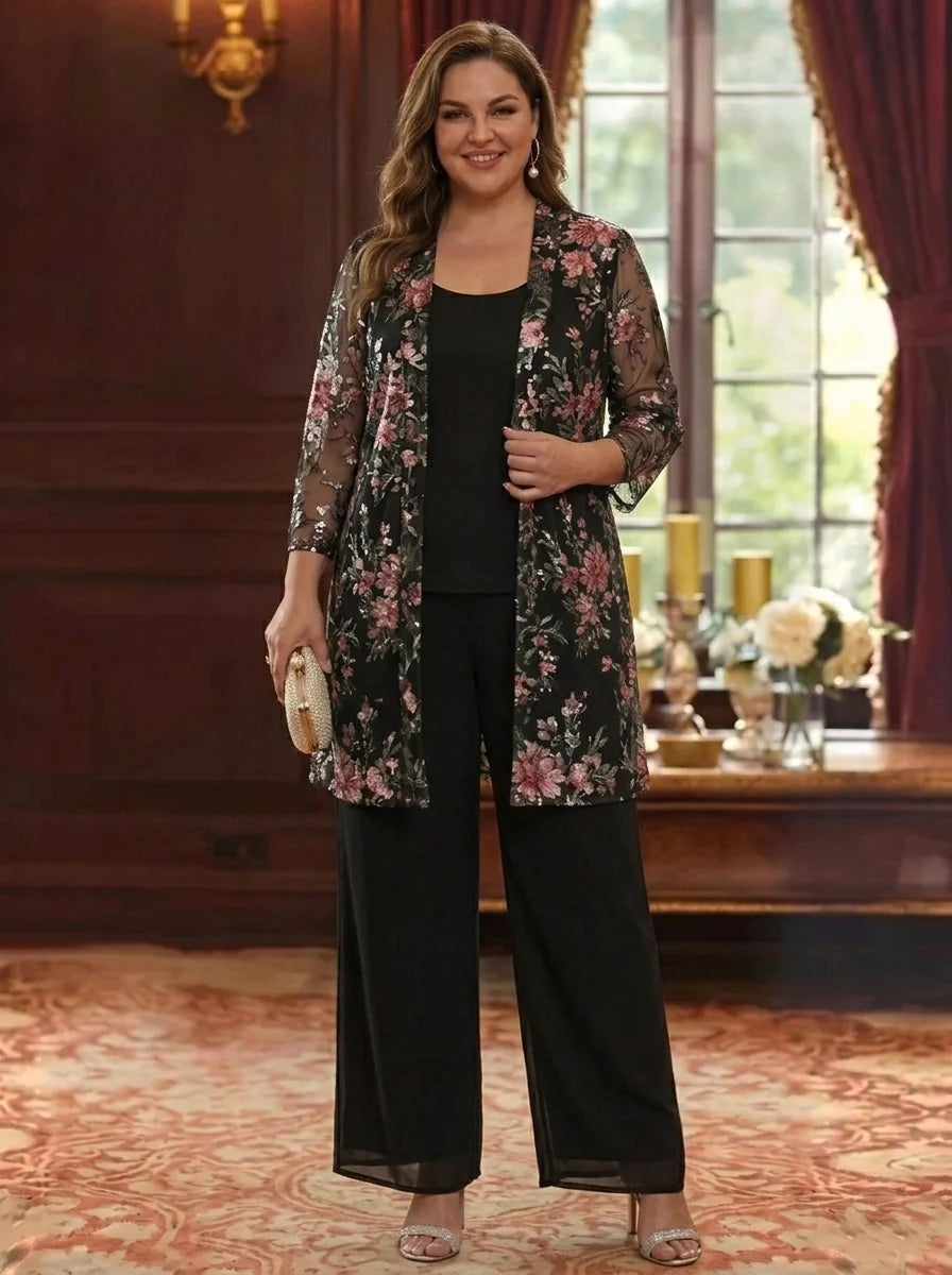 3 Pieces Suit Scoop Chiffon Plus Size Mother of the Bride Pantsuits with Jacket Floral 3/4 Sleeves Ankle-Length