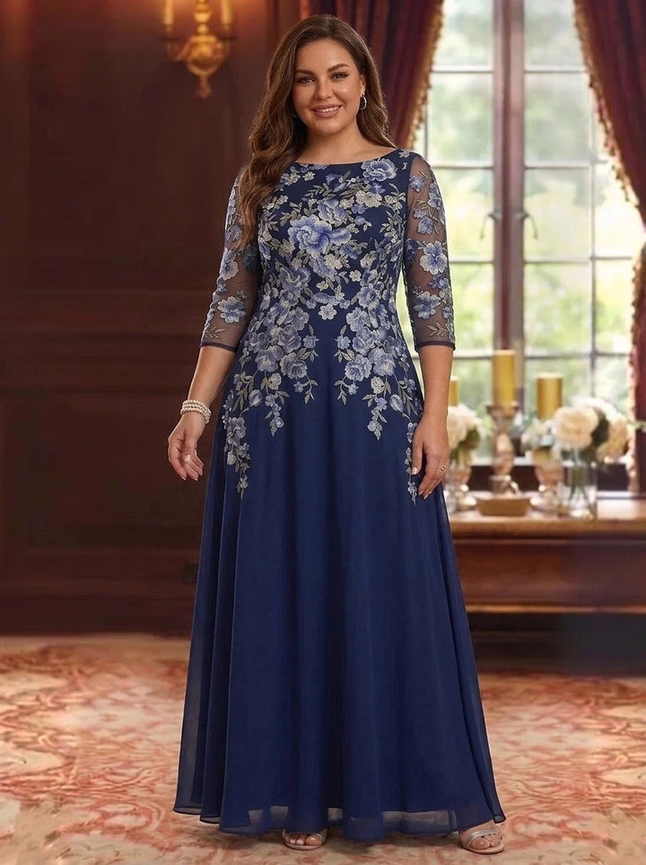 A-Line/Princess Scoop Chiffon Plus Size Mother of the Bride Dresses Lace Floral 3/4 Sleeves Floor-Length