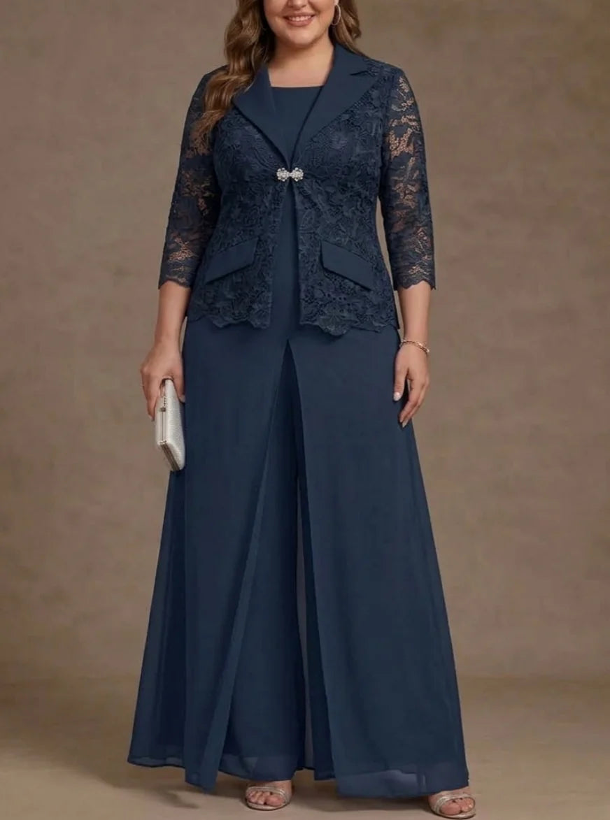 3 Pieces Suit Scoop Chiffon Plus Size Mother of the Bride Pantsuits with Jacket Overskirt Lace Ankle-Length 3/4 Sleeves