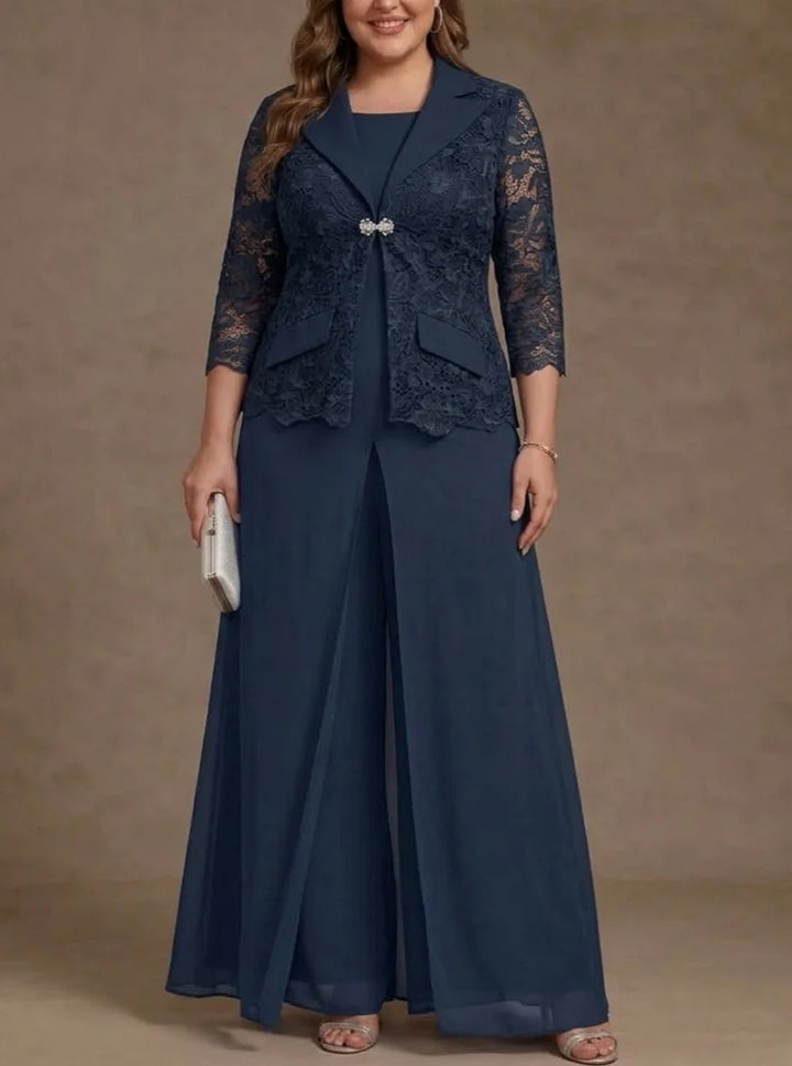 3 Pieces Suit Scoop Chiffon Plus Size Mother of the Bride Pantsuits with Jacket Overskirt Lace Ankle-Length 3/4 Sleeves