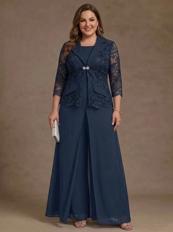 3 Pieces Suit Scoop Chiffon Plus Size Mother of the Bride Pantsuits with Jacket Overskirt Lace Ankle-Length 3/4 Sleeves