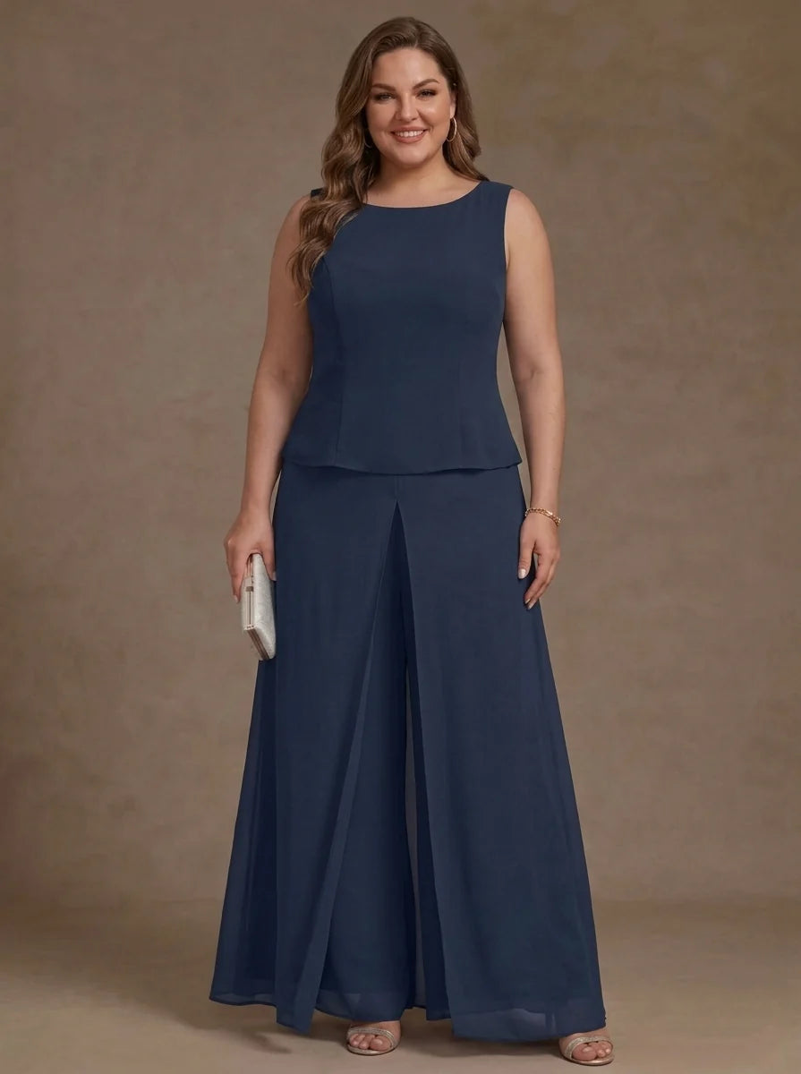 3 Pieces Suit Scoop Chiffon Plus Size Mother of the Bride Pantsuits with Jacket Overskirt Lace Ankle-Length 3/4 Sleeves