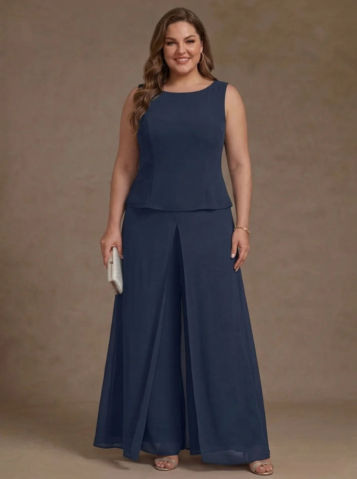 3 Pieces Suit Scoop Chiffon Plus Size Mother of the Bride Pantsuits with Jacket Overskirt Lace Ankle-Length 3/4 Sleeves