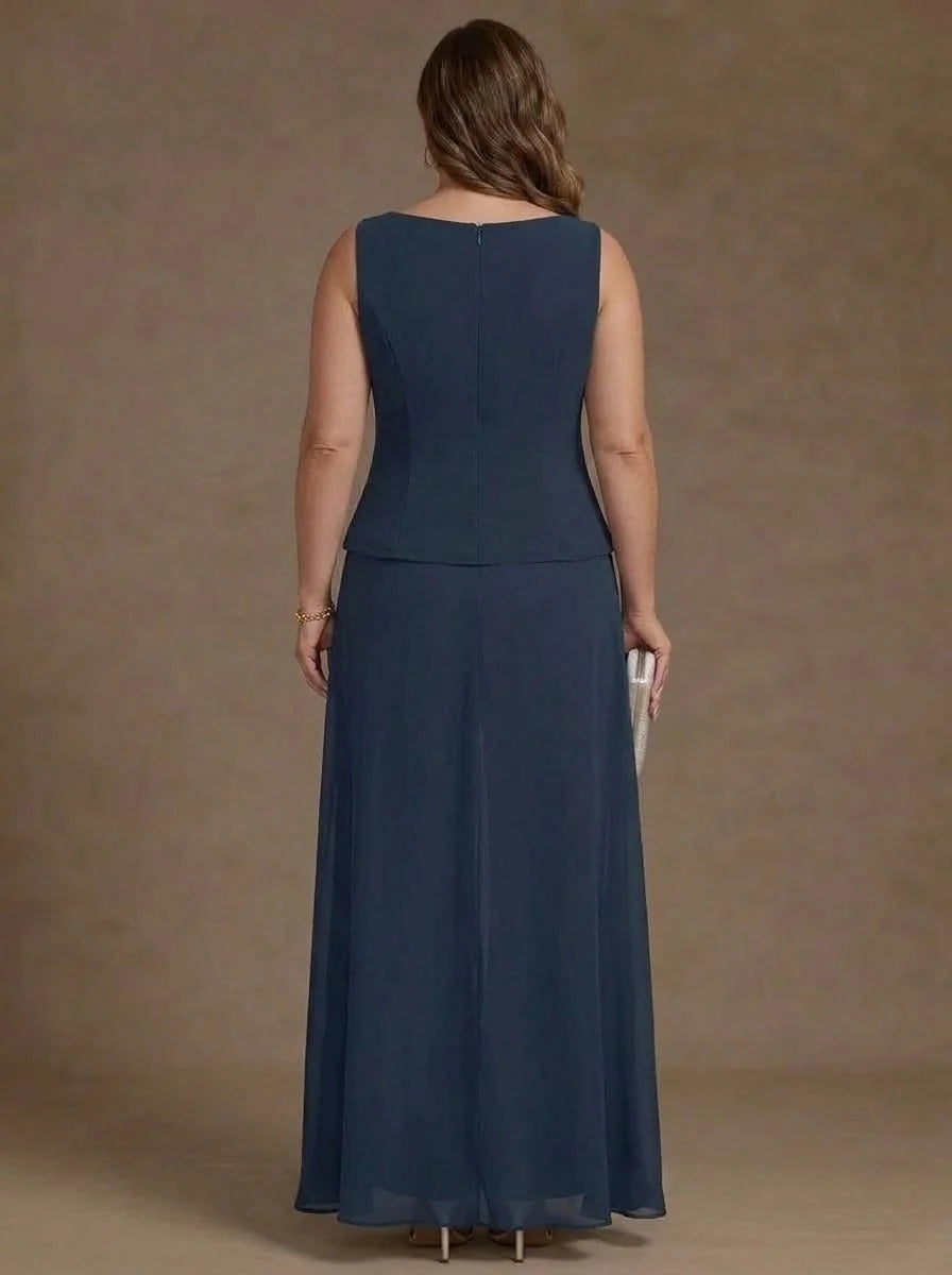 3 Pieces Suit Scoop Chiffon Plus Size Mother of the Bride Pantsuits with Jacket Overskirt Lace Ankle-Length 3/4 Sleeves