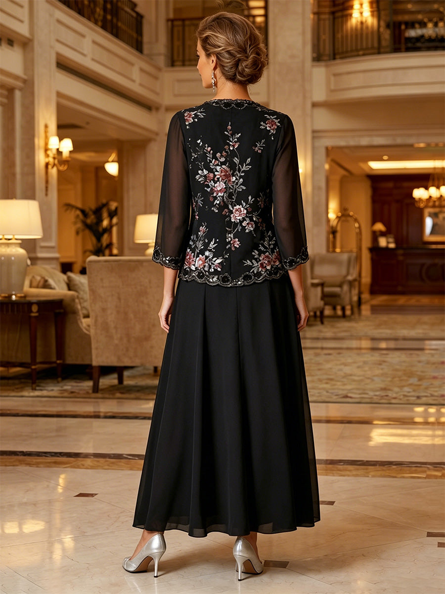A-Line/Princess Scoop Chiffon Mother of the Bride Dresses with Jacket Floral 3/4 Sleeves Ankle-Length