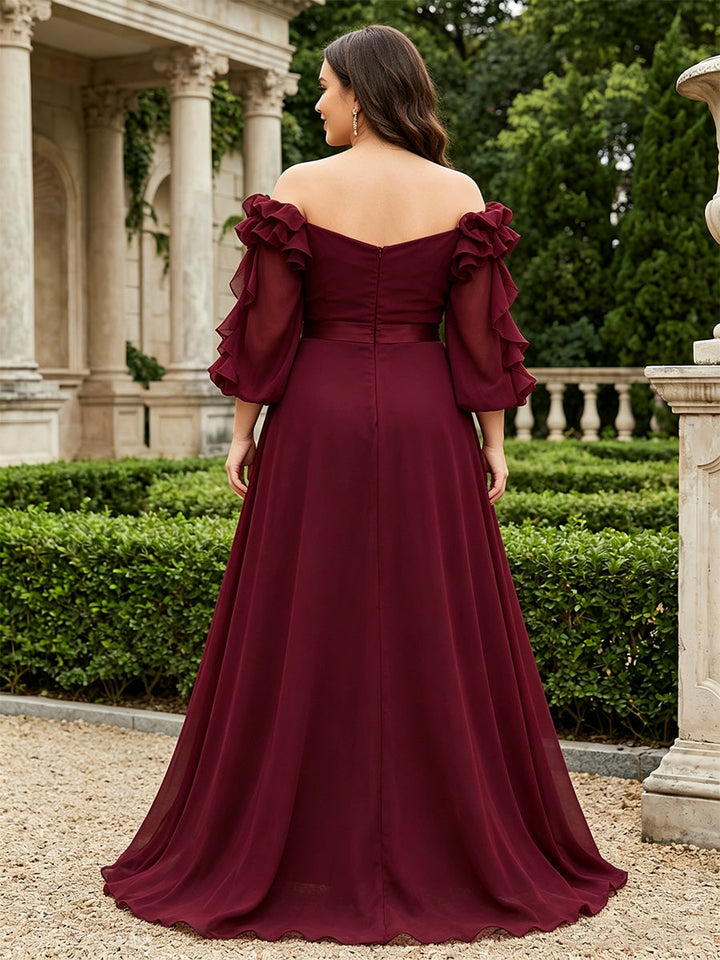 Chiffon Plus Size Mother of the Bride A-Line/Princess Off-the-Shoulder Floor-Length 3/4 Sleeves Ruffles