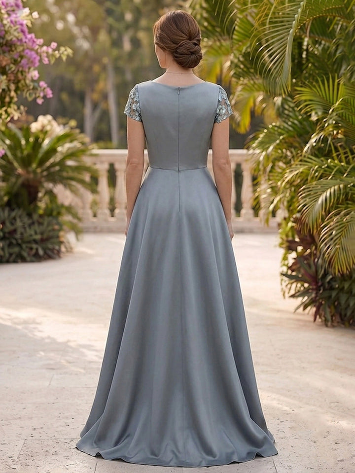 A-Line/Princess Cowl Neck Satin Mother of the Bride Dresses with Overskirt Sequins Floral Short Sleeves Floor-Length
