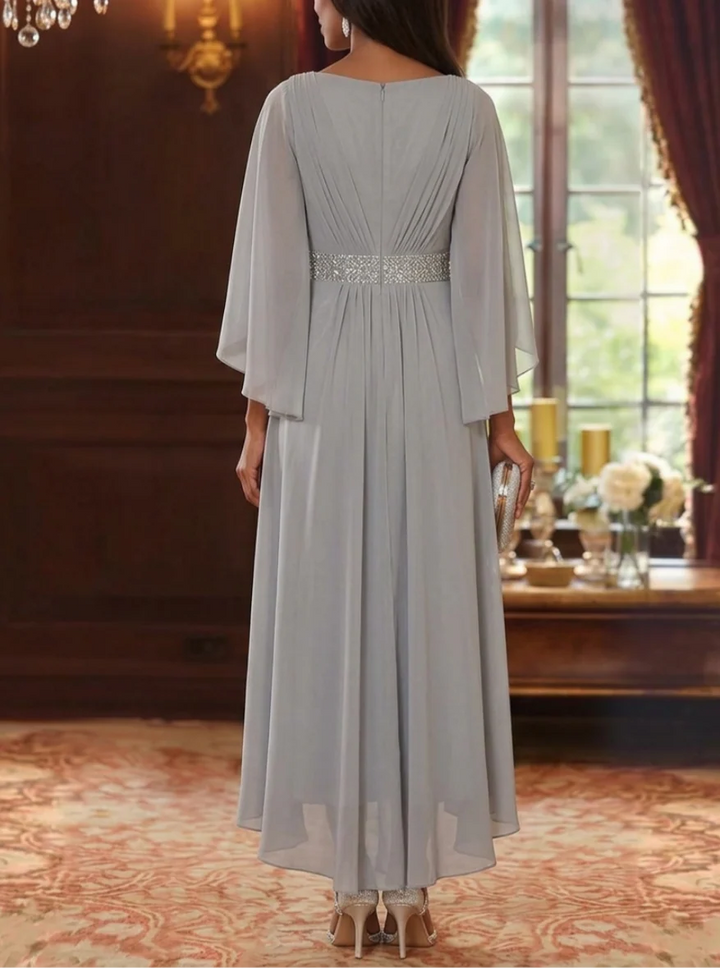 A-Line/Princess Square Collar Chiffon Mother of the Bride Dresses Sequins High-Low Tea-Length 3/4 Sleeves Sash