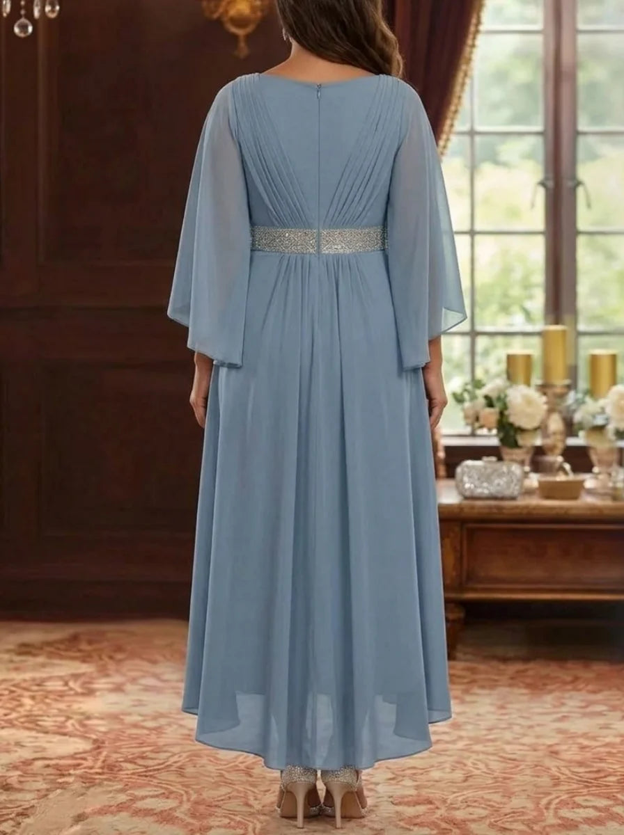 A-Line/Princess Square Collar Chiffon Plus Size Mother of the Bride Dresses Sequins High-Low Tea-Length 3/4 Sleeves Sash