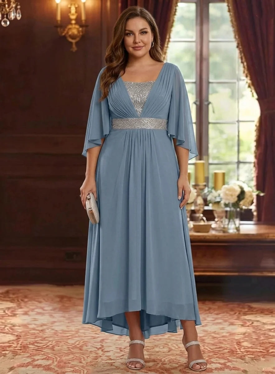 A-Line/Princess Square Collar Chiffon Plus Size Mother of the Bride Dresses Sequins High-Low Tea-Length 3/4 Sleeves Sash