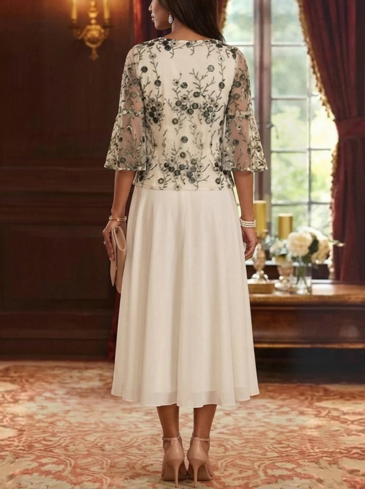 A-Line/Princess V-Neck Mother of the Bride Dresses with Jacket  Floral Lace Embroidery Tea-Length 3/4 Sleeves