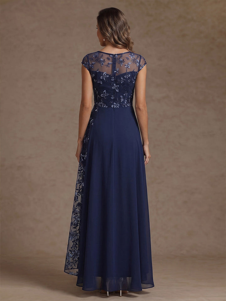 A-Line/Princess Scoop Chiffon Mother of the Bride Dress Floral Ankle-Length Short Sleeves