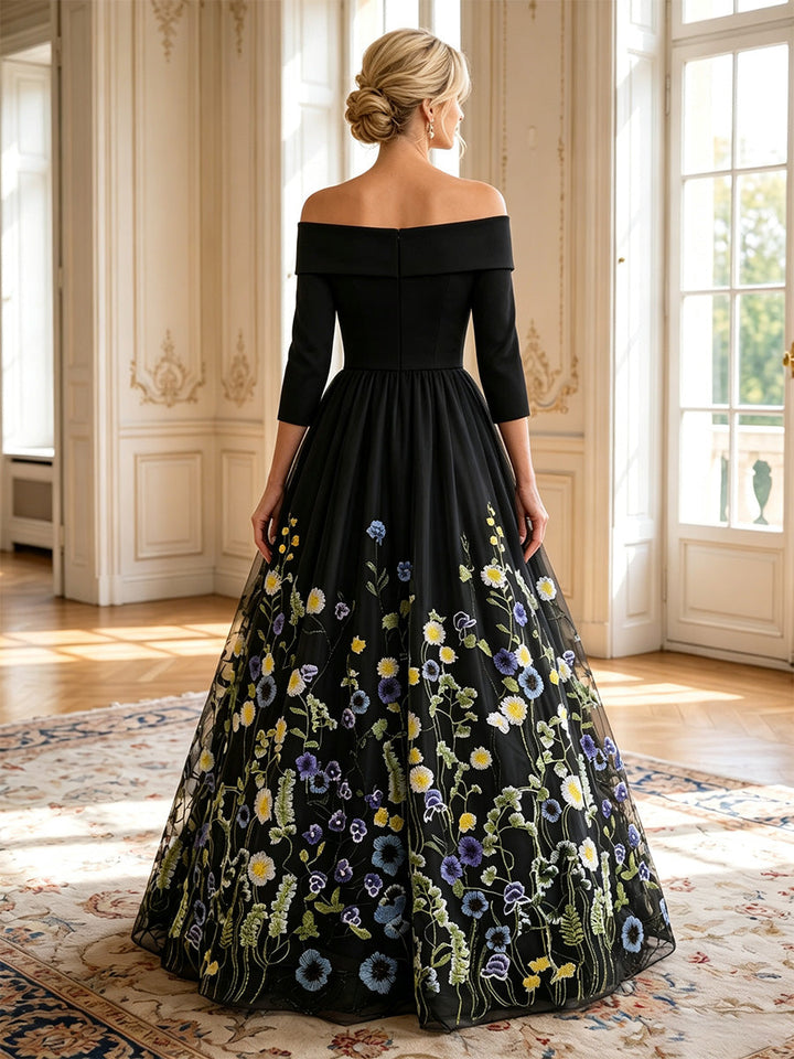 A-Line/Princess Off-the-Shoulder Stretch Satin Mother of the Bride Dresses Floor-Length 3/4 Sleeves Lace Embroidery